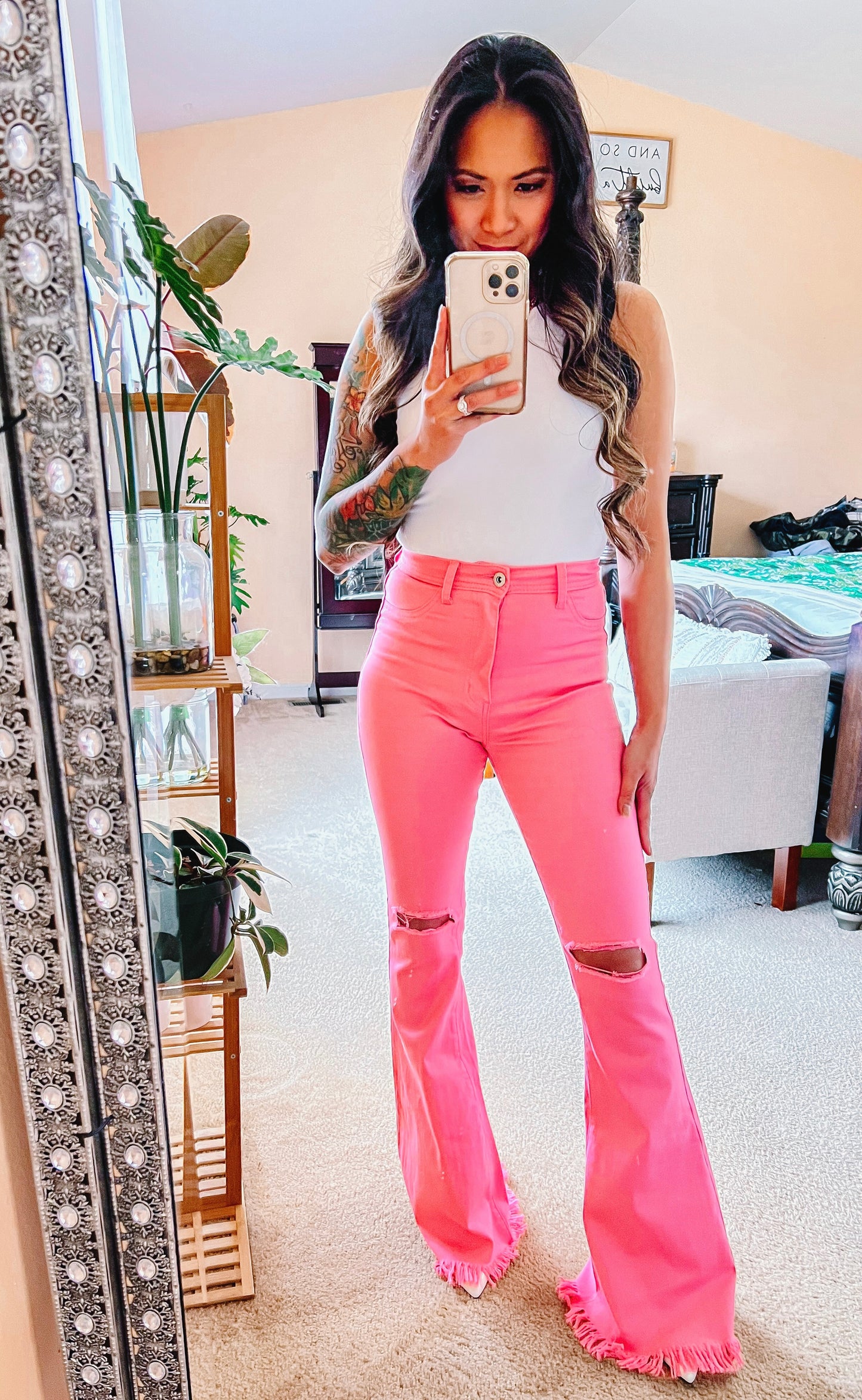 Cry Me A River Pink Flare Ripped Jeans