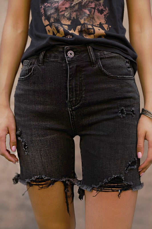 Willow High Rise Distressed Mid Thigh Denim Shorts