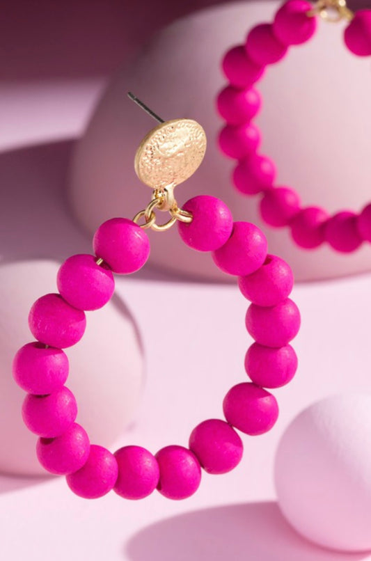 Fuchsia Wood Beads Circle Earrings