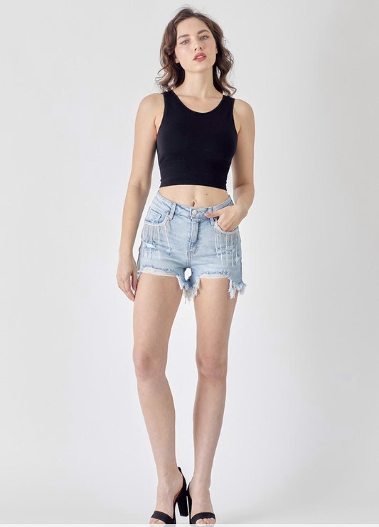 Sadie High Rise Rhinestone Denim Shorts