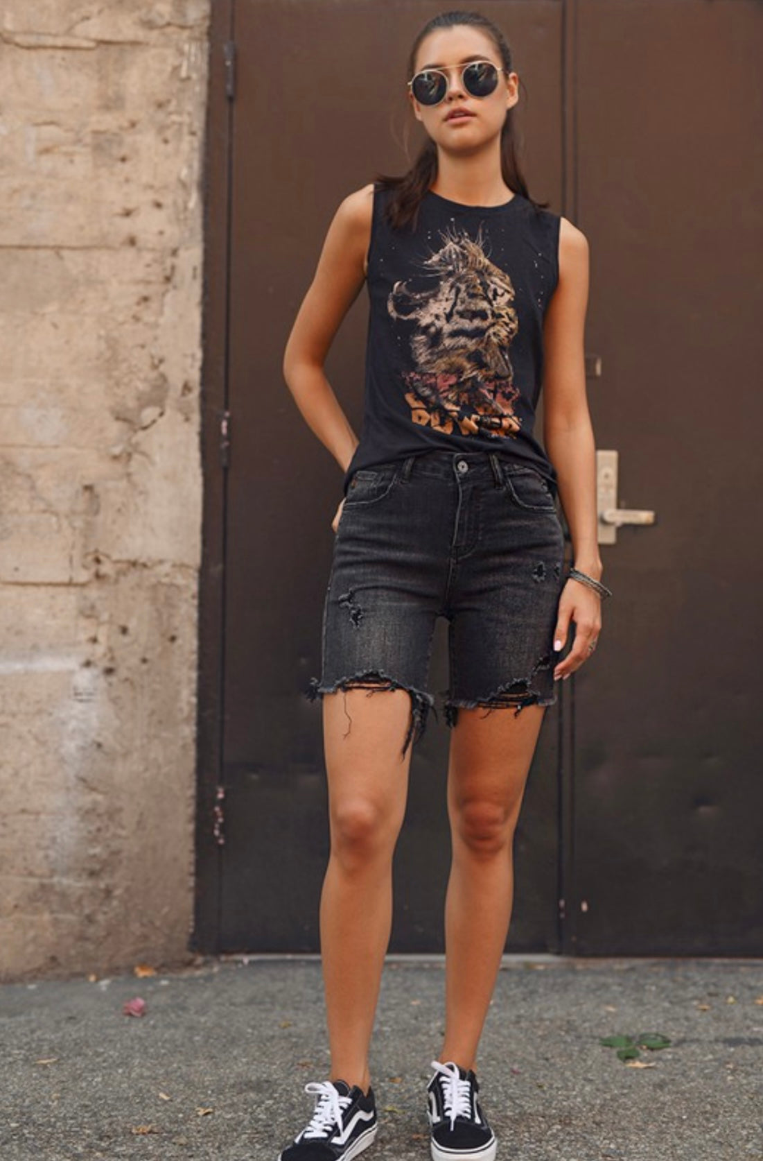Willow High Rise Distressed Mid Thigh Denim Shorts